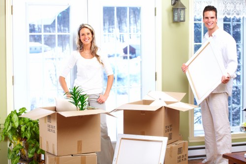 Professional movers handling boxes in a Catford flat