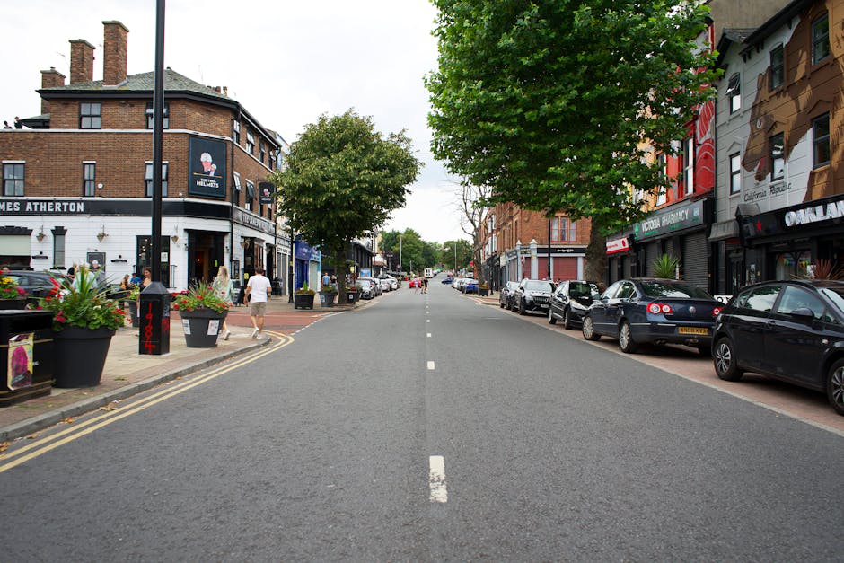A straight urban street scene in Catford with parked cars lining both sides of the road, including sedans and hatchbacks in varying colors. The pavement on the left side features large flower pots with blooming plants, and a few pedestrians walk along it, while other individuals are near the shops on the right side. Buildings on either side include a mix of retail outlets, small cafes, and residential structures, with some featuring decorative exterior murals or signage. A prominent tree occupies the middle of the scene, providing greenery and partial shade. The road has a central dashed white line indicating it is a two-way street and is currently free of moving vehicles. The environment appears well-lit under natural daylight, suggesting mild weather conditions. This street could be used for home relocation or furniture transport operations, with vehicles and movers like Catford Man and Van potentially arranging loading and unloading activities in this area, utilizing nearby spaces for efficient access and parking.